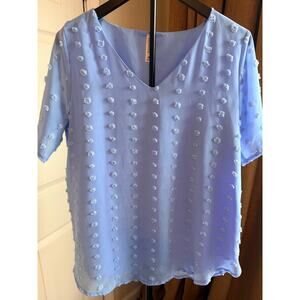 3 for $9 Zenana chiffon pom-pom top V-neck M blue EUC